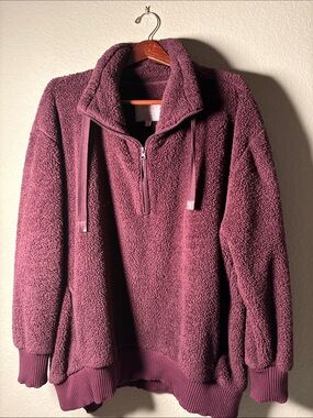 Women’s or Men’s Plush Half-Zip Sherpa Pullover Sweater - Burgundy